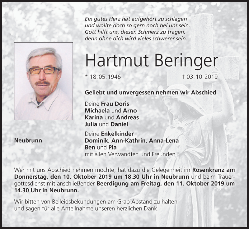  Traueranzeige für Hartmut Beringer vom 08.10.2019 aus MGO