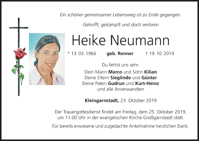  Traueranzeige für Heike Neumann vom 23.10.2019 aus MGO