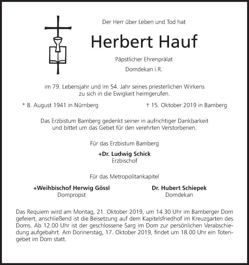  Traueranzeige für Herbert Hauf vom 16.10.2019 aus MGO