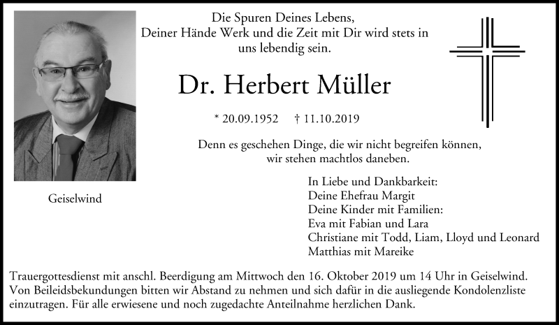  Traueranzeige für Herbert Müller vom 14.10.2019 aus MGO