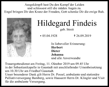 Traueranzeige von Hildegard Findeis