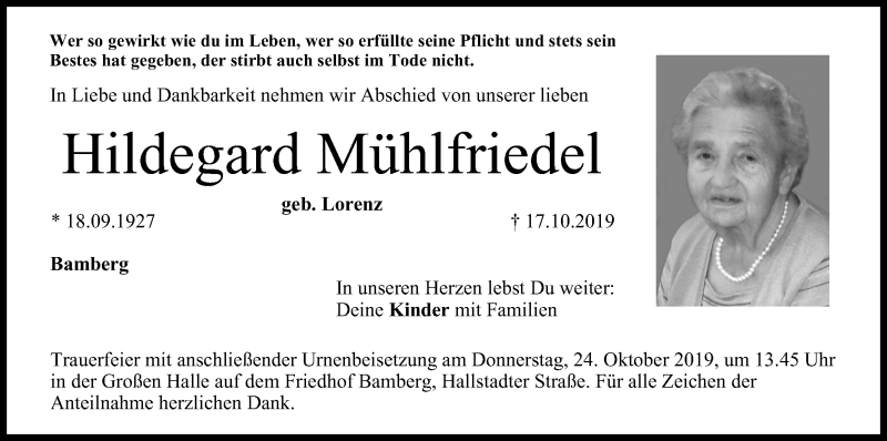  Traueranzeige für Hildegard Mühlfriedel vom 22.10.2019 aus MGO