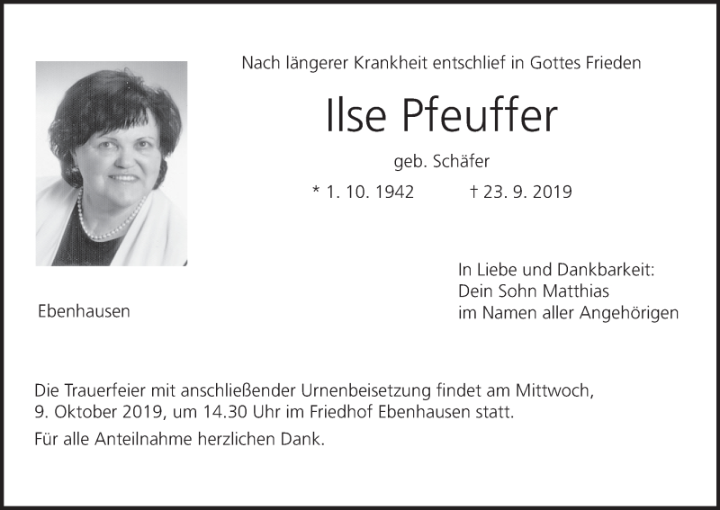  Traueranzeige für Ilse Pfeuffer vom 05.10.2019 aus MGO