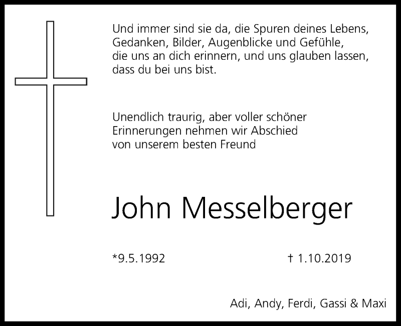  Traueranzeige für John Messelberger vom 09.10.2019 aus MGO