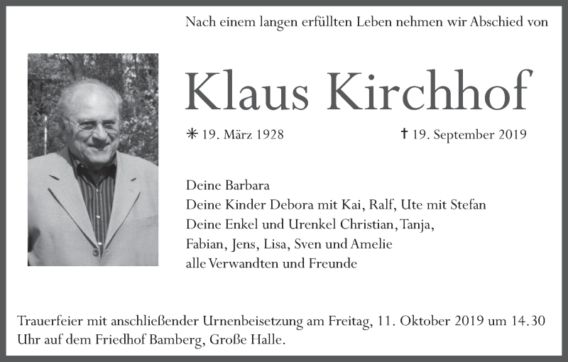  Traueranzeige für Klaus Kirchhof vom 09.10.2019 aus MGO