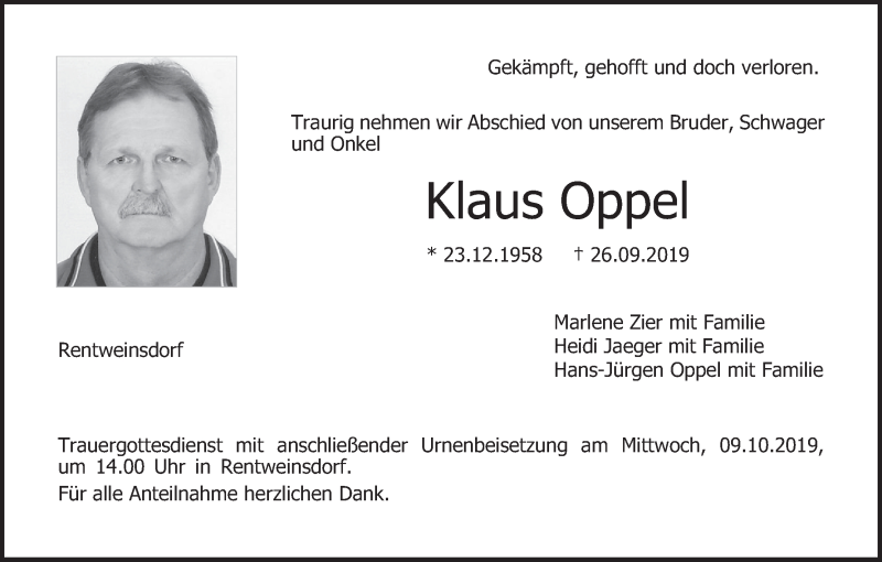  Traueranzeige für Klaus Oppel vom 05.10.2019 aus MGO