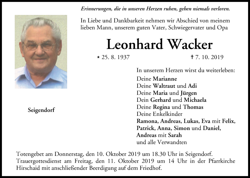  Traueranzeige für Leonhard Wacker vom 09.10.2019 aus MGO