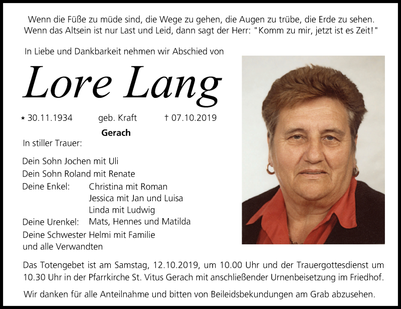  Traueranzeige für Lore Lang vom 09.10.2019 aus MGO