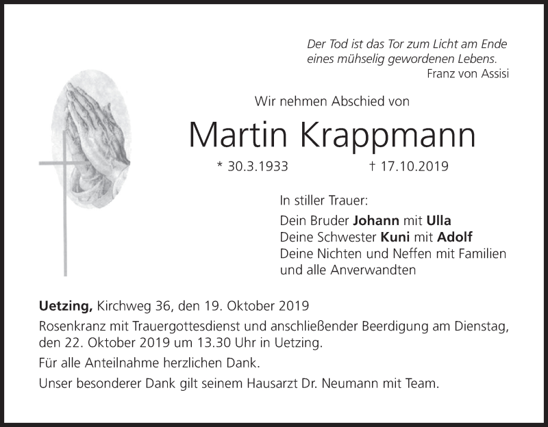  Traueranzeige für Martin Krappmann vom 19.10.2019 aus MGO