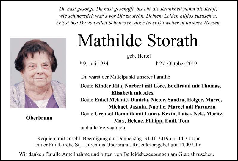  Traueranzeige für Mathilde Storath vom 30.10.2019 aus MGO