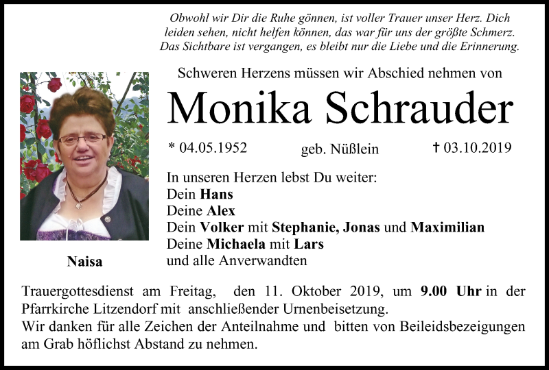  Traueranzeige für Monika Schrauder vom 09.10.2019 aus MGO