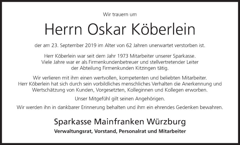  Traueranzeige für Oskar Köberlein vom 09.10.2019 aus MGO