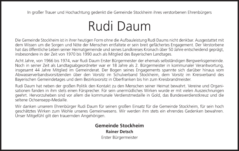  Traueranzeige für Rudi Daum vom 02.10.2019 aus MGO