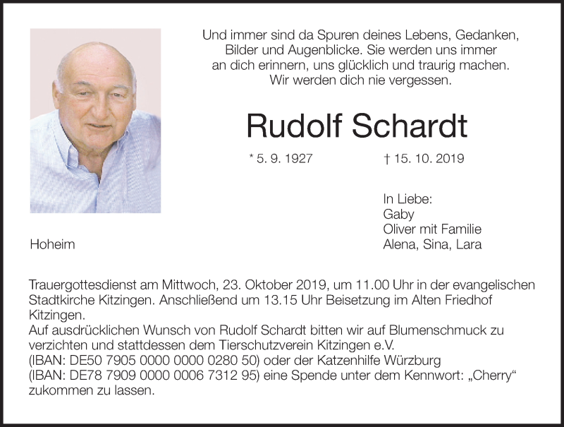  Traueranzeige für Rudolf Schardt vom 19.10.2019 aus MGO