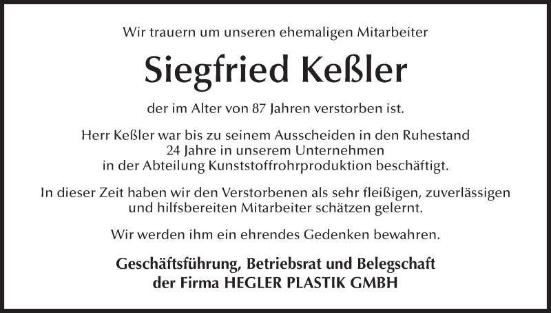 Siegfried Keßler | Traueranzeige | trauer.inFranken.de