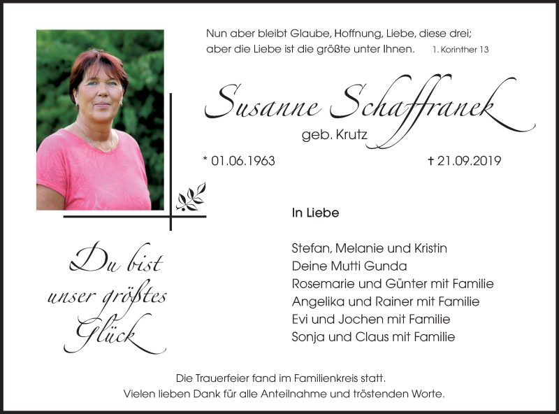  Traueranzeige für Susanne Schaffranek vom 01.10.2019 aus MGO