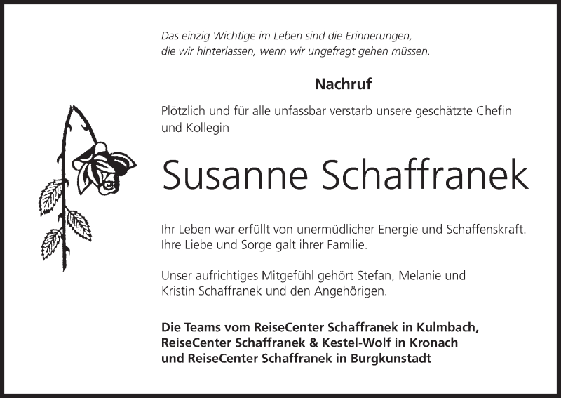  Traueranzeige für Susanne Schaffranek vom 01.10.2019 aus MGO
