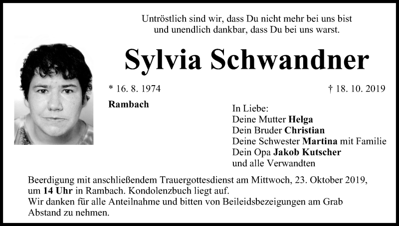  Traueranzeige für Sylvia Schwandner vom 21.10.2019 aus MGO