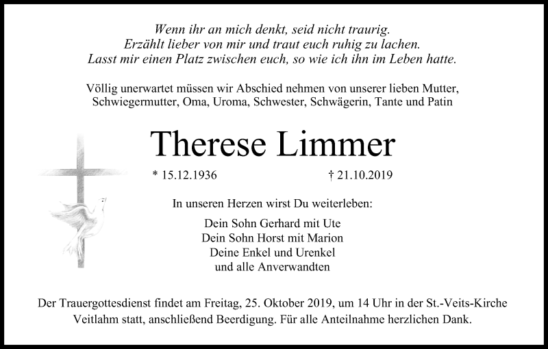  Traueranzeige für Therese Limmer vom 24.10.2019 aus MGO