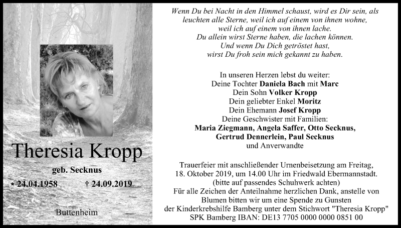  Traueranzeige für Theresia Kropp vom 12.10.2019 aus MGO