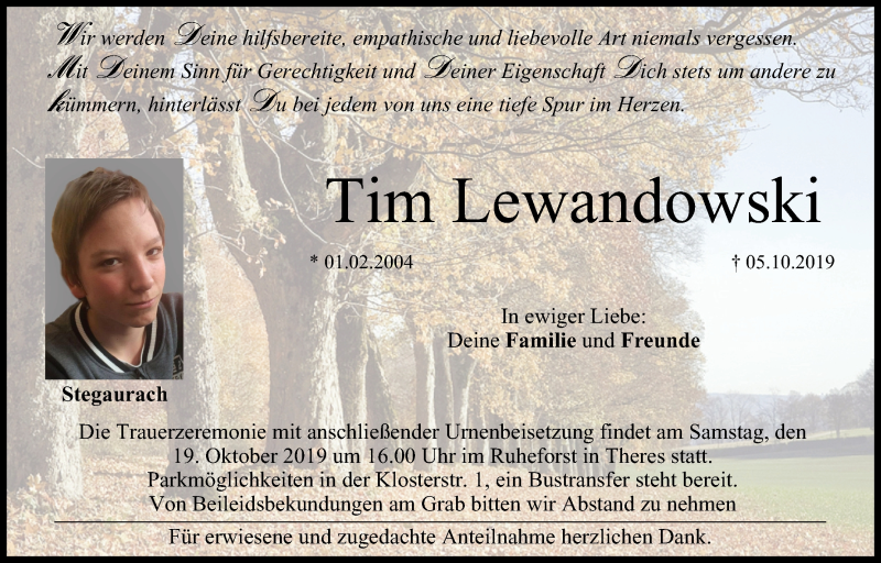  Traueranzeige für Tim Lewandowski vom 12.10.2019 aus MGO