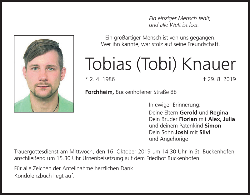  Traueranzeige für Tobias Knauer vom 12.10.2019 aus MGO