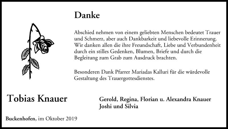  Traueranzeige für Tobias Knauer vom 26.10.2019 aus MGO