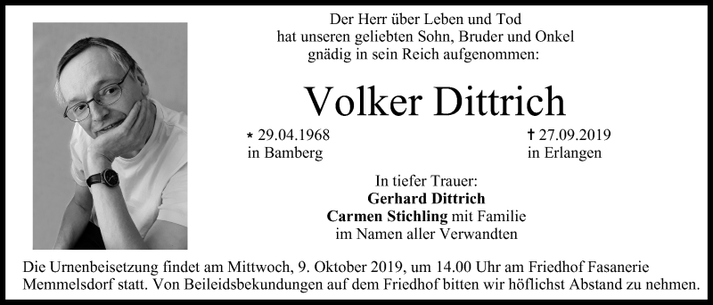  Traueranzeige für Volker Dittrich vom 05.10.2019 aus MGO