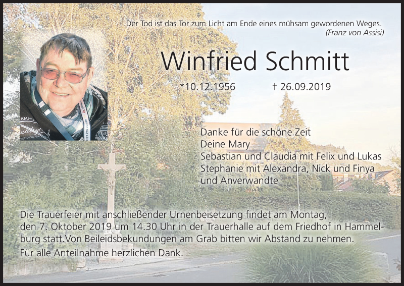  Traueranzeige für Winfried Schmitt vom 05.10.2019 aus MGO