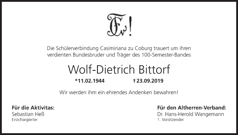  Traueranzeige für Wolf-Dietrich Bittorf vom 01.10.2019 aus MGO