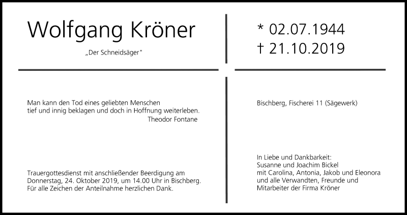  Traueranzeige für Wolfgang Kröner vom 23.10.2019 aus MGO