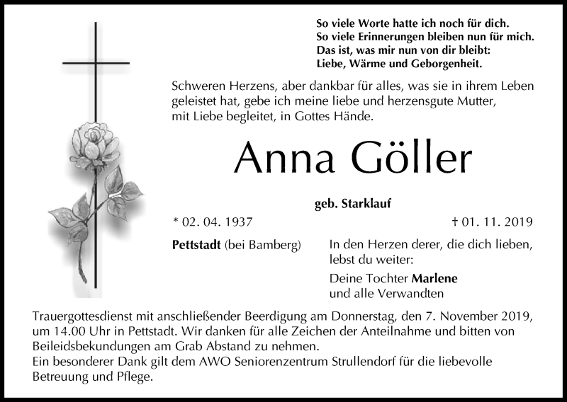  Traueranzeige für Anna Göller vom 04.11.2019 aus MGO