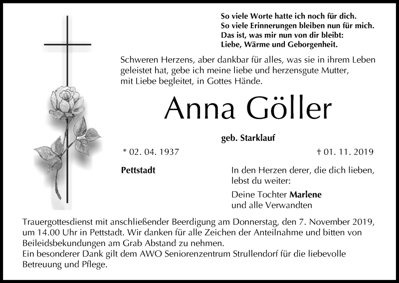  Traueranzeige für Anna Göller vom 04.11.2019 aus MGO
