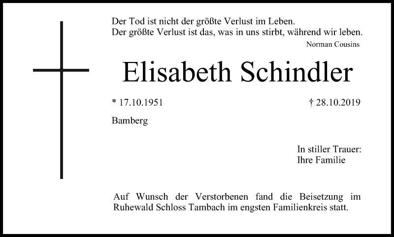 Traueranzeige für Elisabeth Schindler vom 23.11.2019 aus MGO