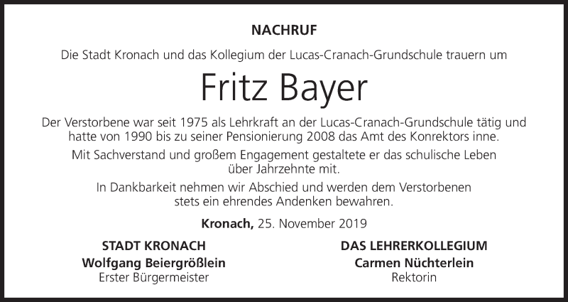  Traueranzeige für Fritz Bayer vom 26.11.2019 aus MGO
