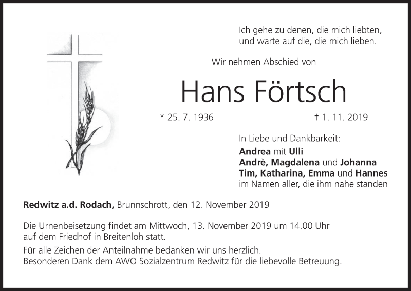  Traueranzeige für Hans Förtsch vom 12.11.2019 aus MGO