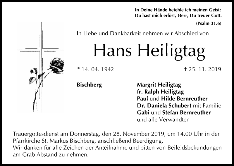  Traueranzeige für Hans Heiligtag vom 26.11.2019 aus MGO