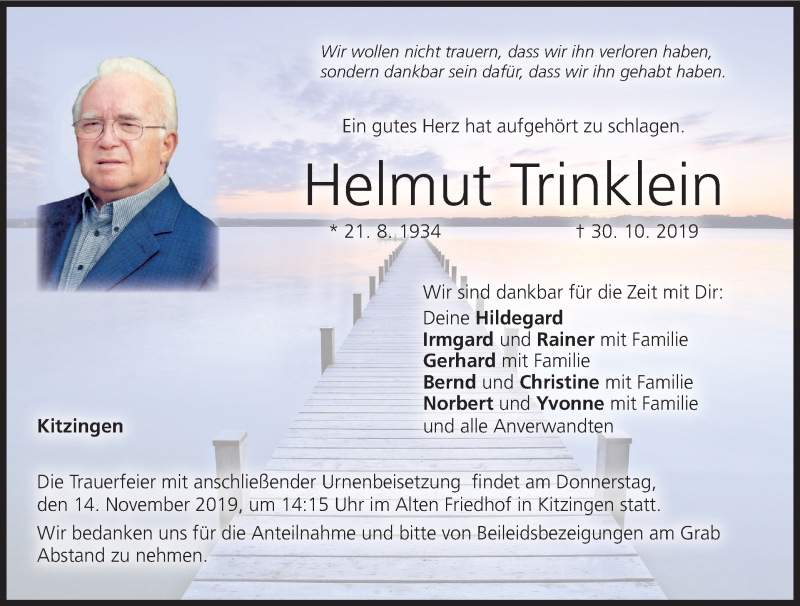  Traueranzeige für Helmut Trinklein vom 09.11.2019 aus MGO