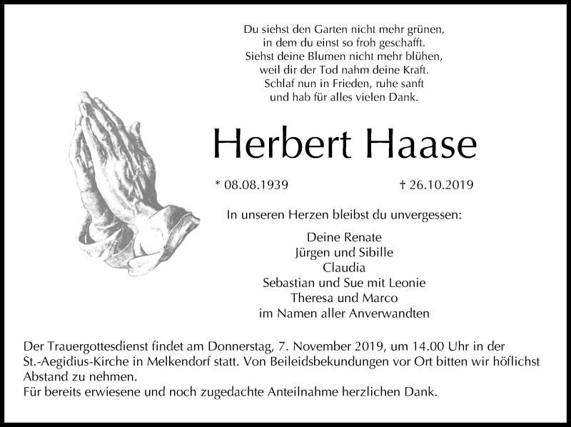  Traueranzeige für Herbert Haase vom 05.11.2019 aus MGO
