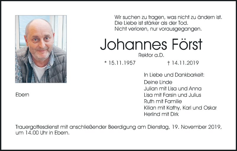  Traueranzeige für Johannes Först vom 16.11.2019 aus MGO