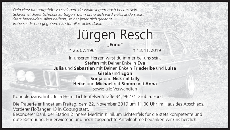  Traueranzeige für Jürgen Resch vom 16.11.2019 aus MGO