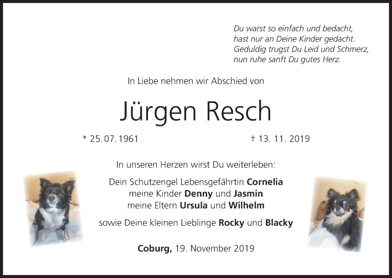  Traueranzeige für Jürgen Resch vom 19.11.2019 aus MGO