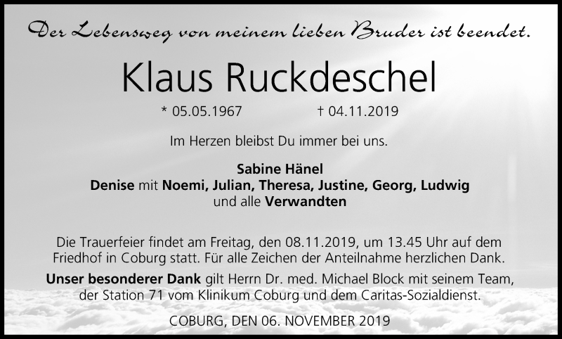  Traueranzeige für Klaus Ruckdeschel vom 06.11.2019 aus MGO