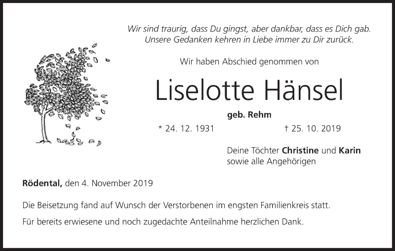  Traueranzeige für Liselotte Hänsel vom 04.11.2019 aus MGO