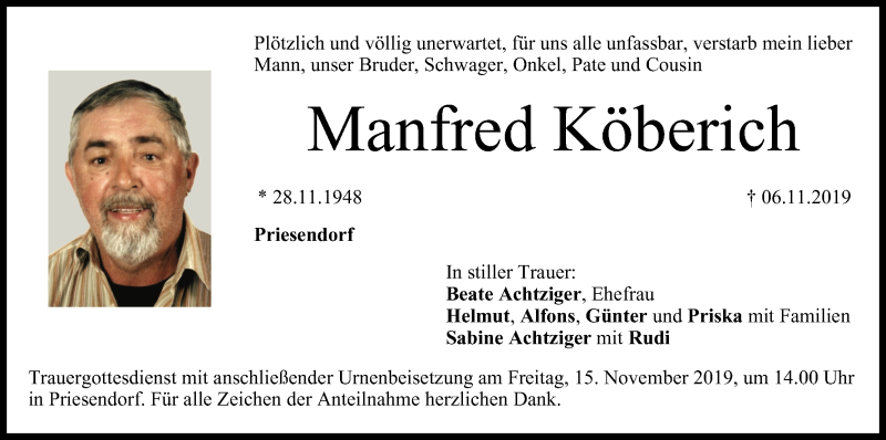  Traueranzeige für Manfred Köberich vom 09.11.2019 aus MGO