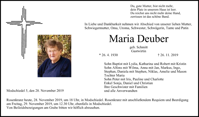  Traueranzeige für Maria Deuber vom 28.11.2019 aus MGO
