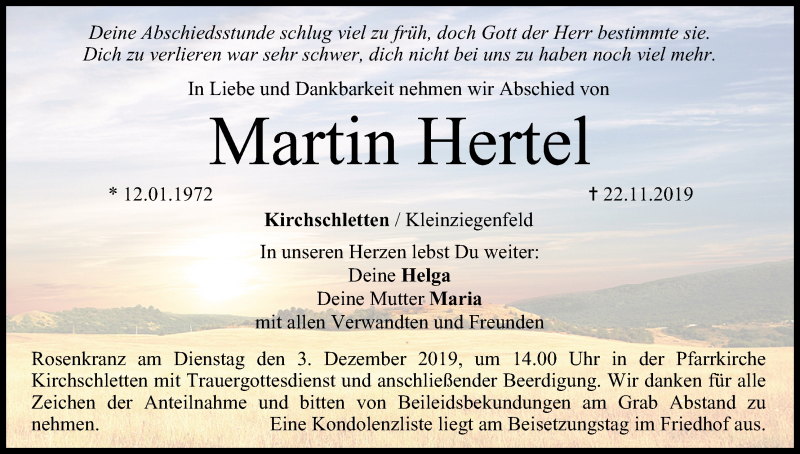  Traueranzeige für Martin Hertel vom 29.11.2019 aus MGO