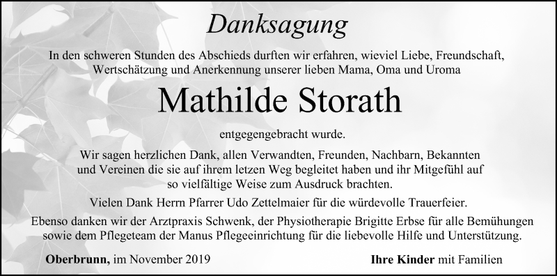  Traueranzeige für Mathilde Storath vom 09.11.2019 aus MGO