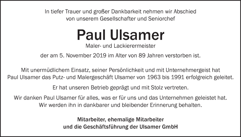  Traueranzeige für Paul Ulsamer vom 09.11.2019 aus MGO