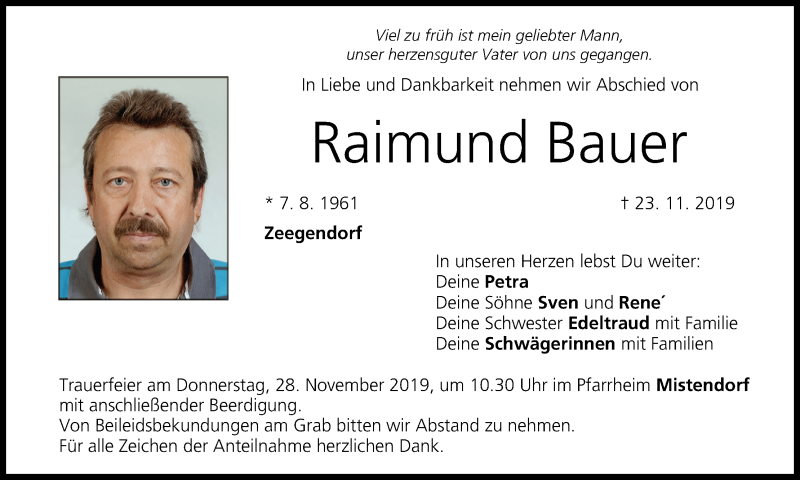  Traueranzeige für Raimund Bauer vom 26.11.2019 aus MGO